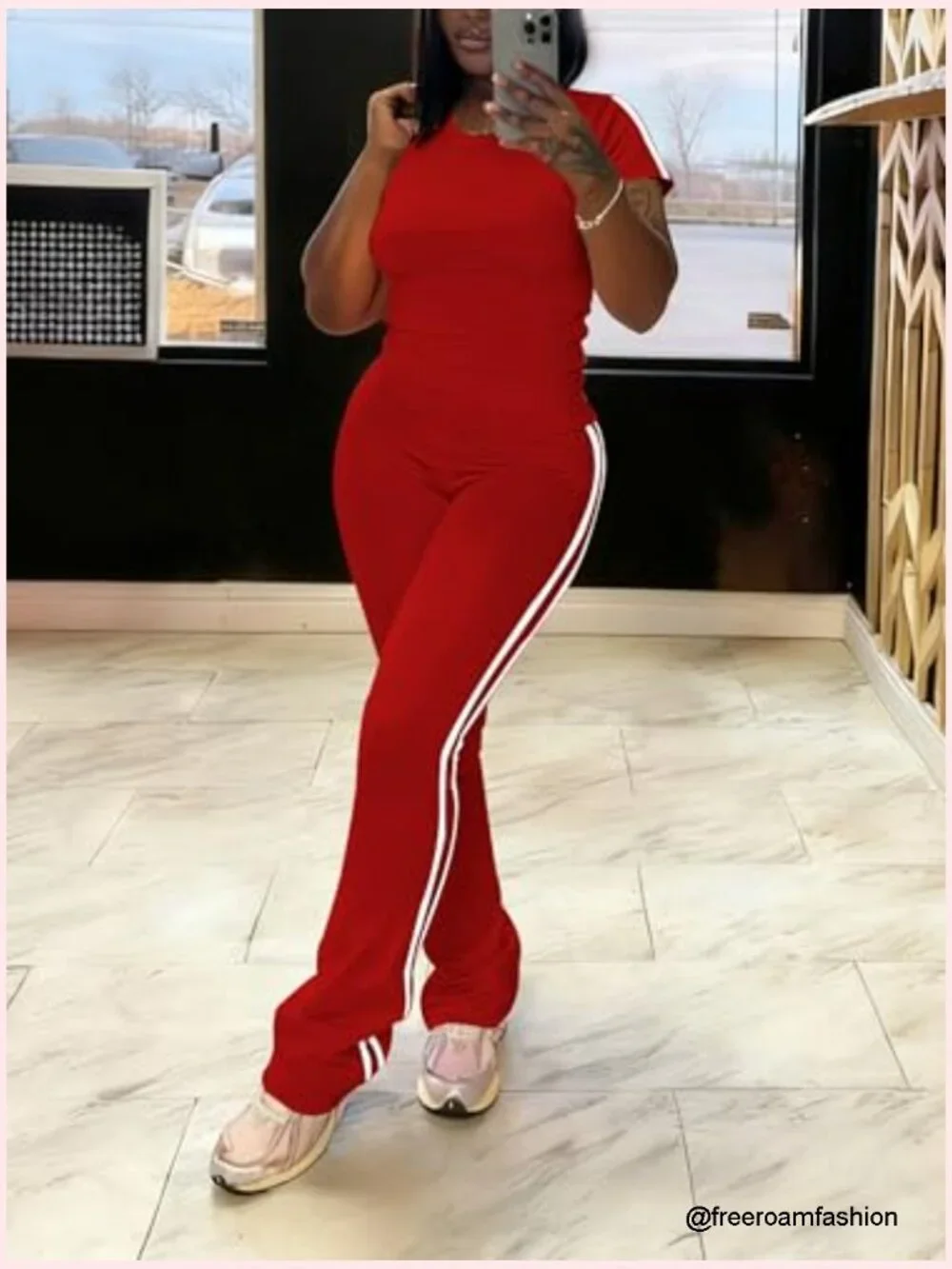 2 Piece Matching Short Sleeve Top & Flare Leg Tracksuit Set